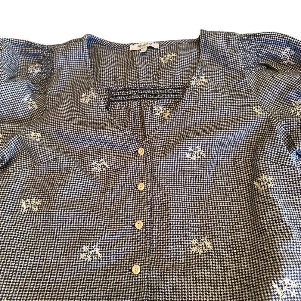 Madewell Black Gingham Floral Blouse S Embroidered Puff Sleeve Cottagecore Top